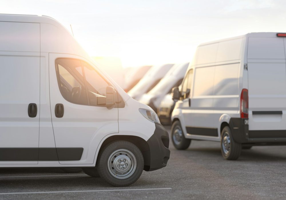 Express delivery, shipping service concept. Delivery vans in a row in the rays of sunset or dawn.